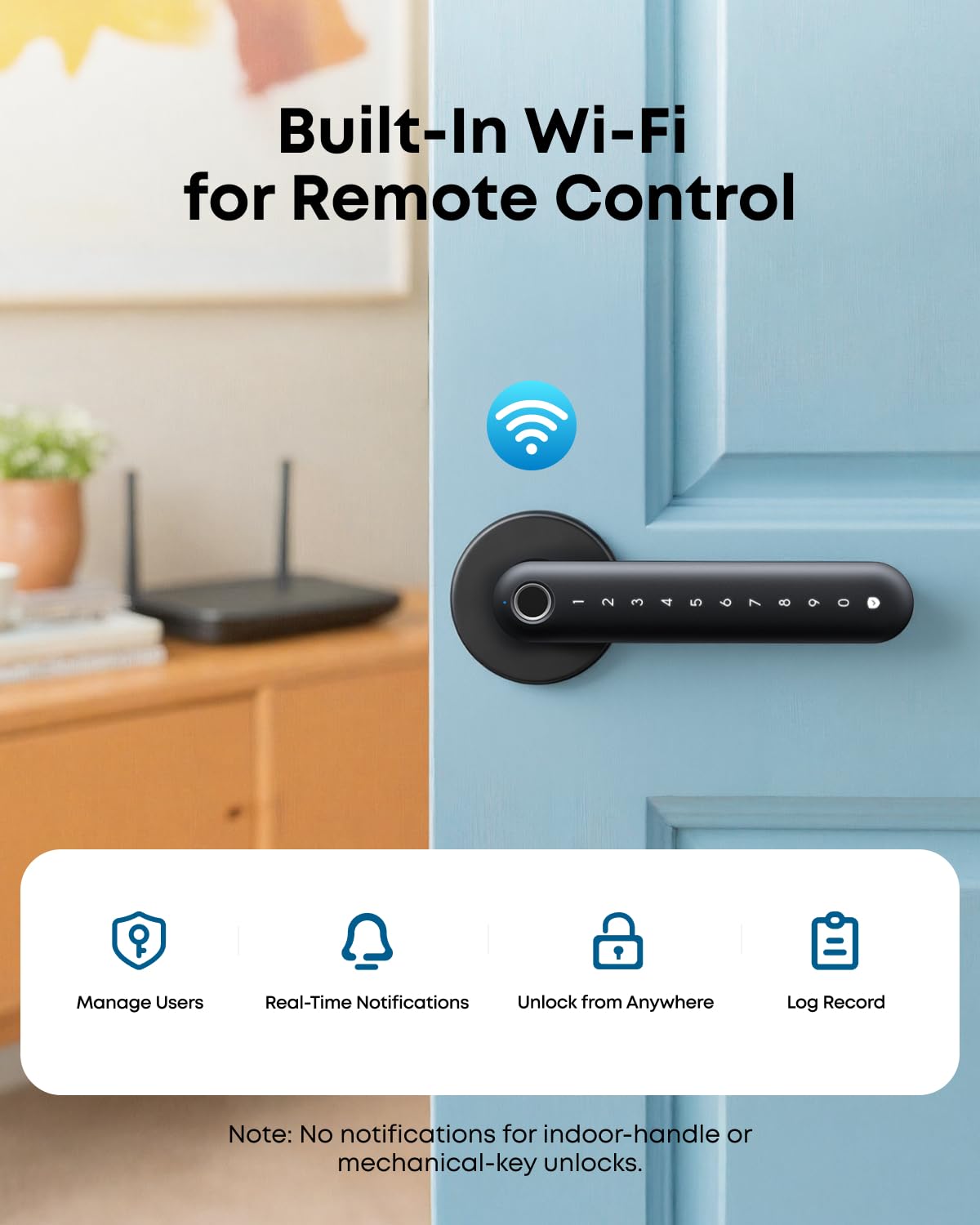 eufy Smart Lock C32, serrure de porte sans clé à empreintes digitales avec poignée, Wi-Fi intégré, télécommande par application, reconnaissance d'empreintes digitales IA auto-apprentissage pour portes