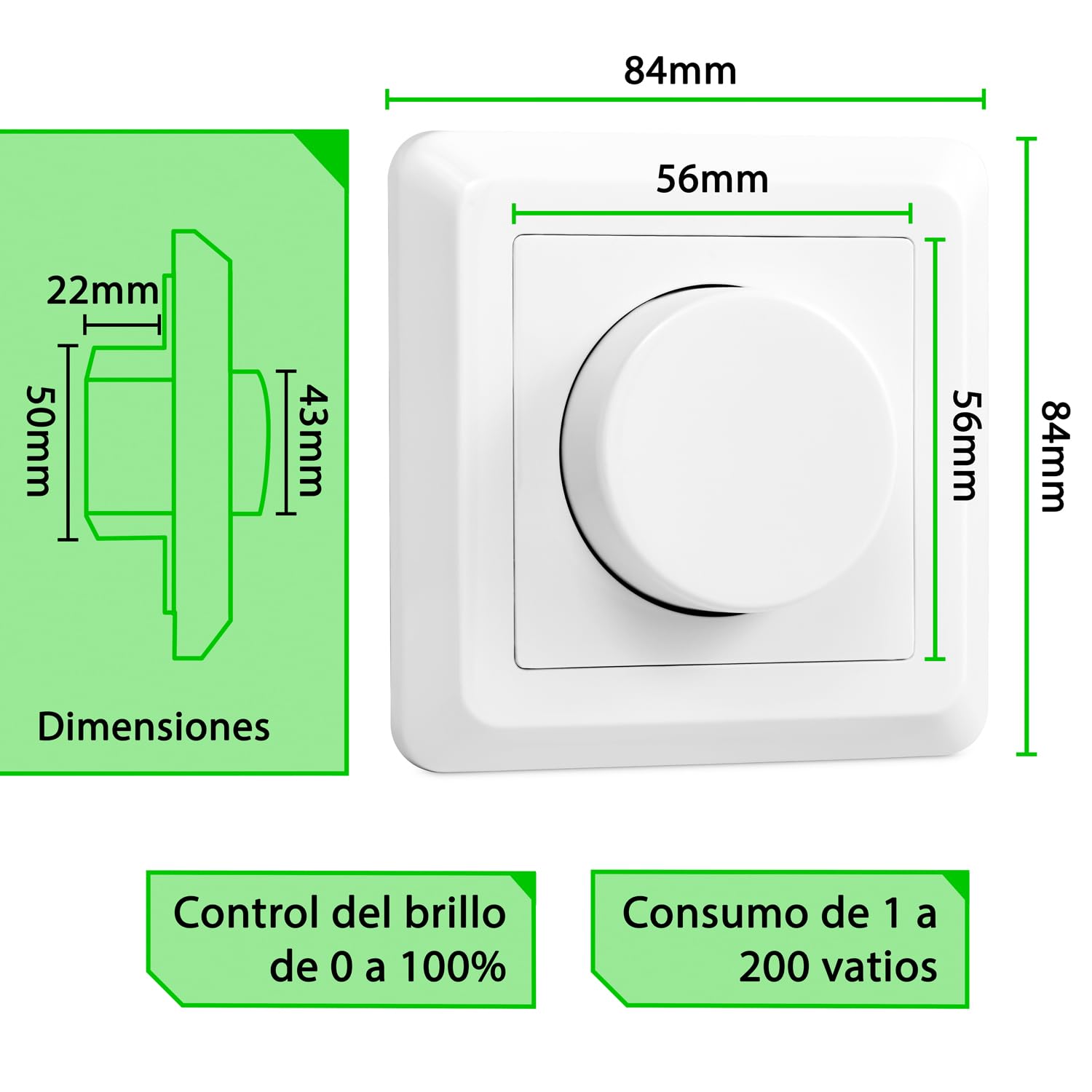 2x greenandco® gc-200 regulador de intensidad LED giratorio 1-200 W, también adecuado para bombillas convencionales y circuitos con conmutador, empotrable, blanco