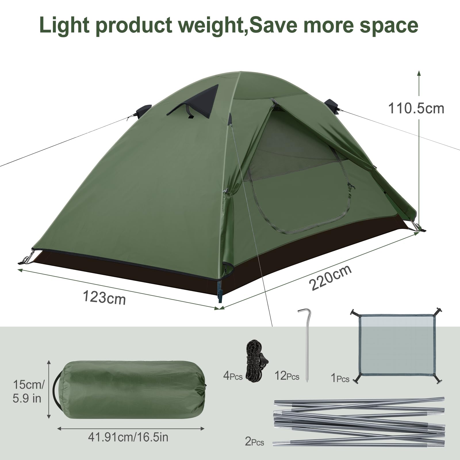 Forceatt Tienda De Campaña 2 Personas, Impermeable Ultraligera Poco Volumen, Tienda Cúpula Portátil Montaje Rápido para Trekking, Camping, Excursionismo y Aire Libre