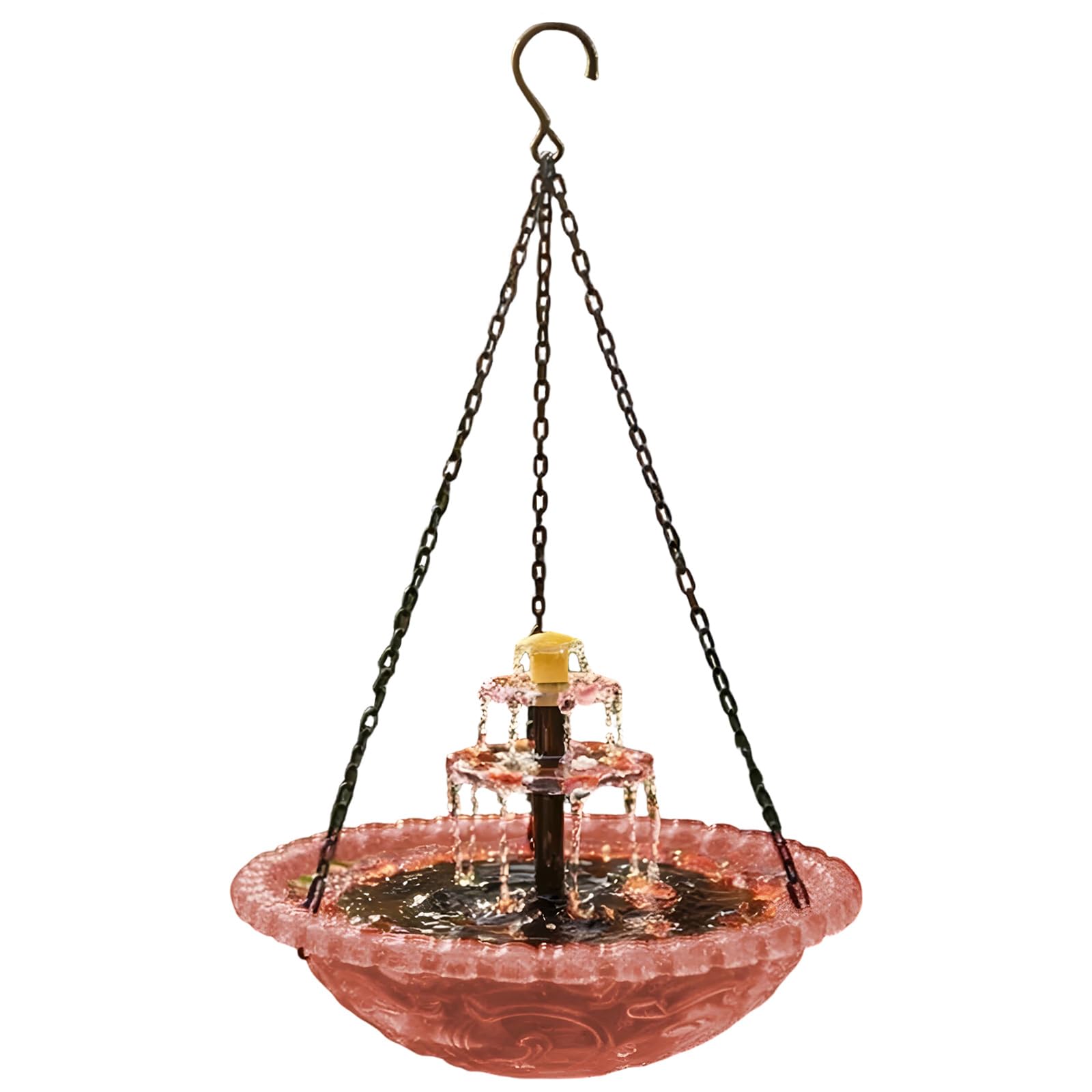 Solar Kaskaden Hänge Vogelbadbrunnen, pink, 2 in 1 Vogelfutterspender mit 9 Düsen, Wasserfall Effekt, Schale 23,5 x 23,5 x 5,5 cm, verstellbare 40 cm Kette, für Garten und Terrasse