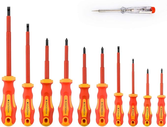 Amazon.com: Gunpla Juego de 11 destornilladores aislados VDE, 1000 V con  punta magnética negra, mango TPR para electricista, mango de agarre suave,  herramientas Phillips y Pozi con probador de seguridad para reparación