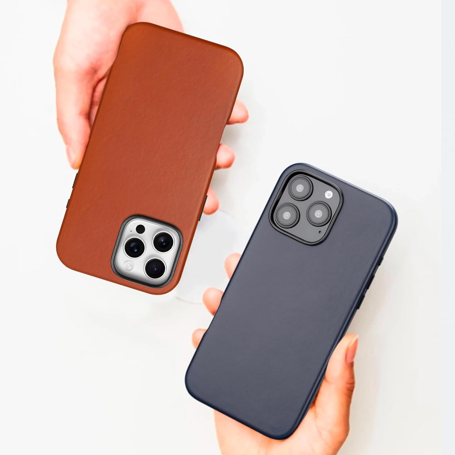 maogoam for iPhone 16 Pro Max Case Leather 6.9 inch, Compatible with MagSafe, Genuine Veg-Tanned Oil Wax Top-Grain Leather, Metal Buttons & Camera Bump Frame, Elegant Style, Blue