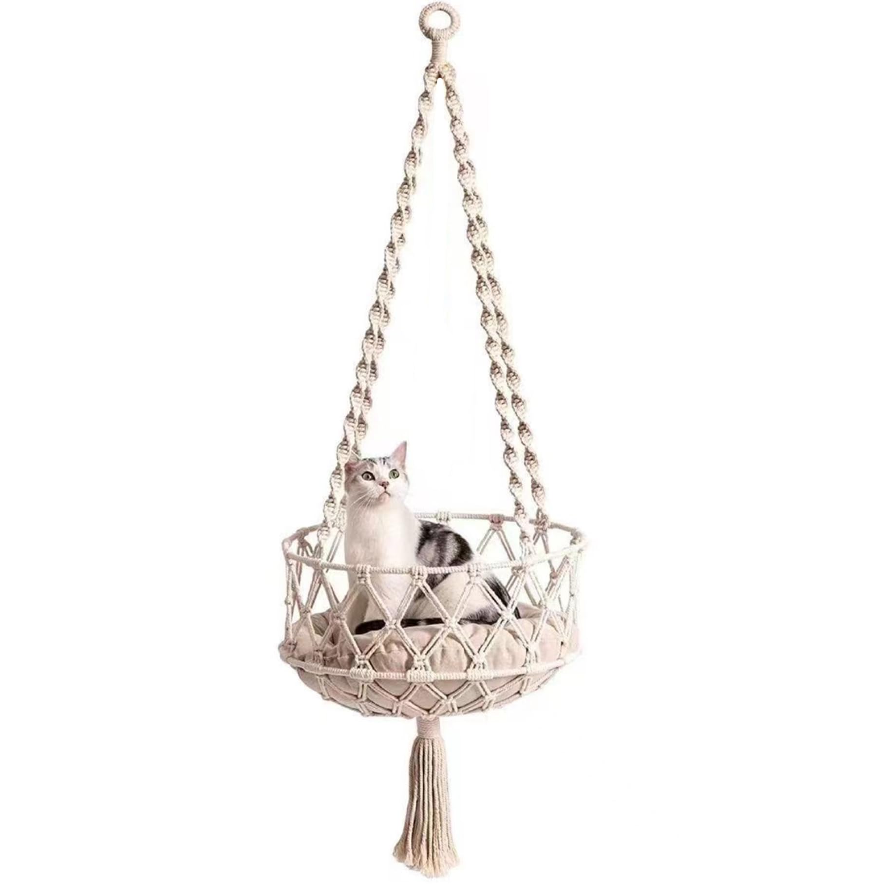 Hamac de style bohème avec pompon et balançoire suspendue pour grand chat