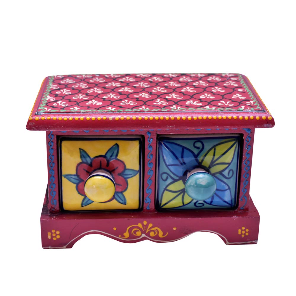 Embossed Painting Handmade Wooden and Ceramic 2 Drawers Small Chest Jewellery Organizer Desk Table (Red)