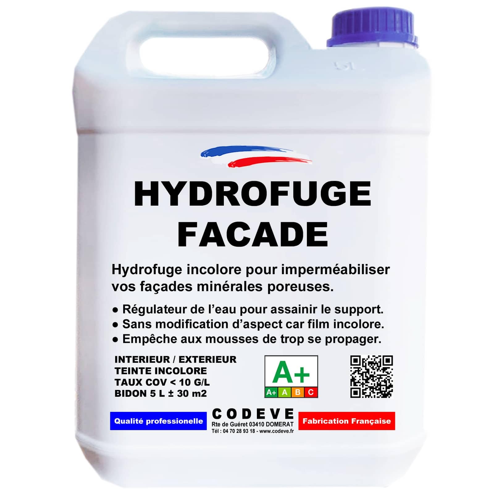 Hydrofuge Facade - Codeve Bois - 5L - Intérieur/extérieur - Imperméabilisant Pour Façade, Mur, Enduit, Brique Ou Crépi.