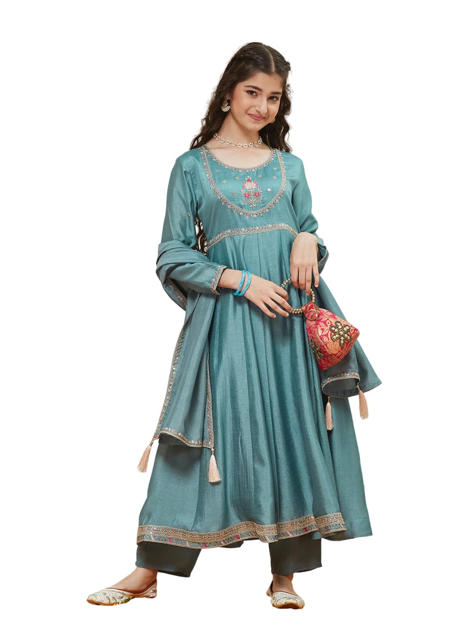 Curly Tales Girl's Embroidered Kurta & Pant Set with Dupatta|Girls Ethnic Wear Set (CAT-K-62)