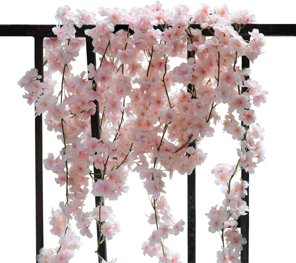 2Pcs Artificial Cherry Blossom Garland Silk Flower Garland Handmade Hanging Pink Flower Vines for Wedding Backdrop Arch Wall Indoor Outdoor Hotel Office Party Home Room Decor
