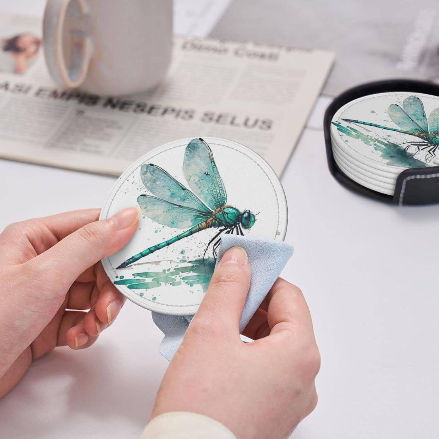 Famame 6 Pcs Blue Watercolor Dragonfly Leather Coasters for Drinks with Holder Coaster Sets Drink Table Cup Coasters for Living Room Kitchen Coffee Decor - Image 7