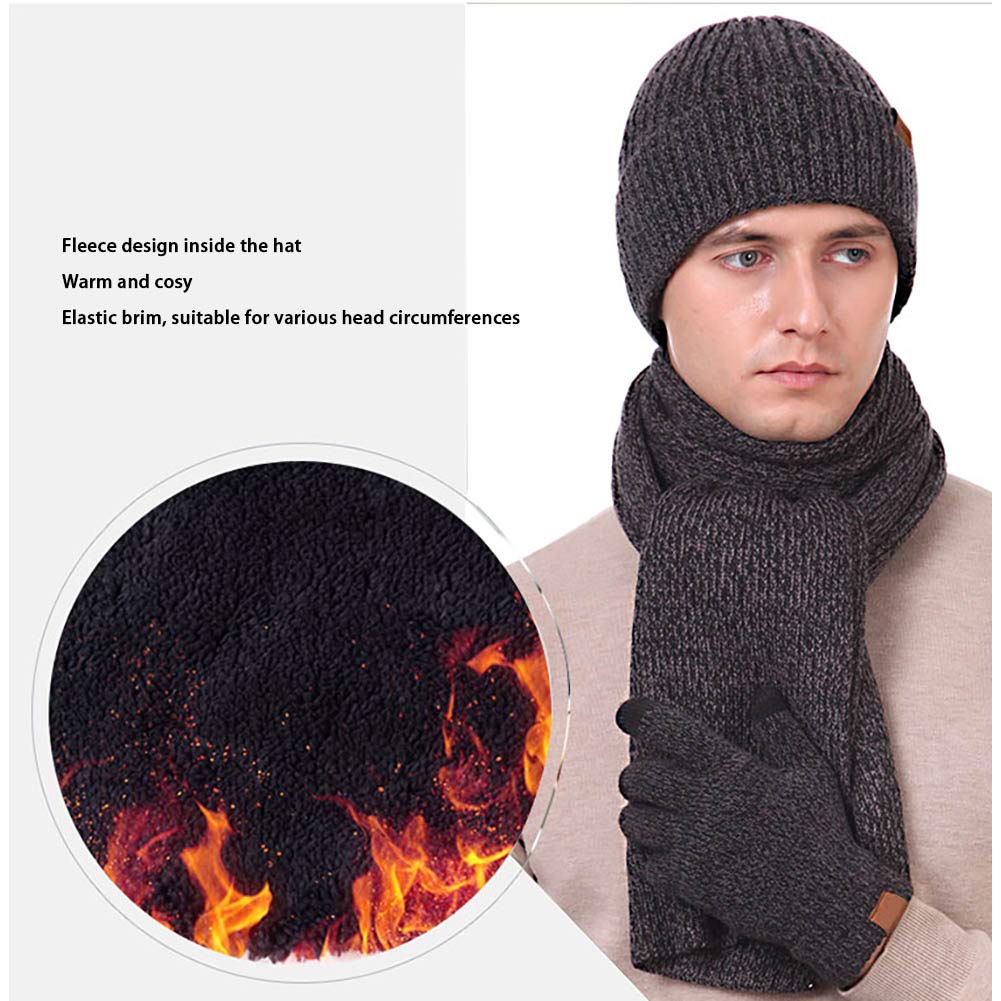 2 Pièces pour des Hommes Ensemble Bonnet Et Gants d'hiver Thermique Doublure en Polaire Maille Côtelée, Gants pour Écran Tactile Chapeaux De Luge pour Temps Froid (Noir, Rouge, Gris, Marine, Café)