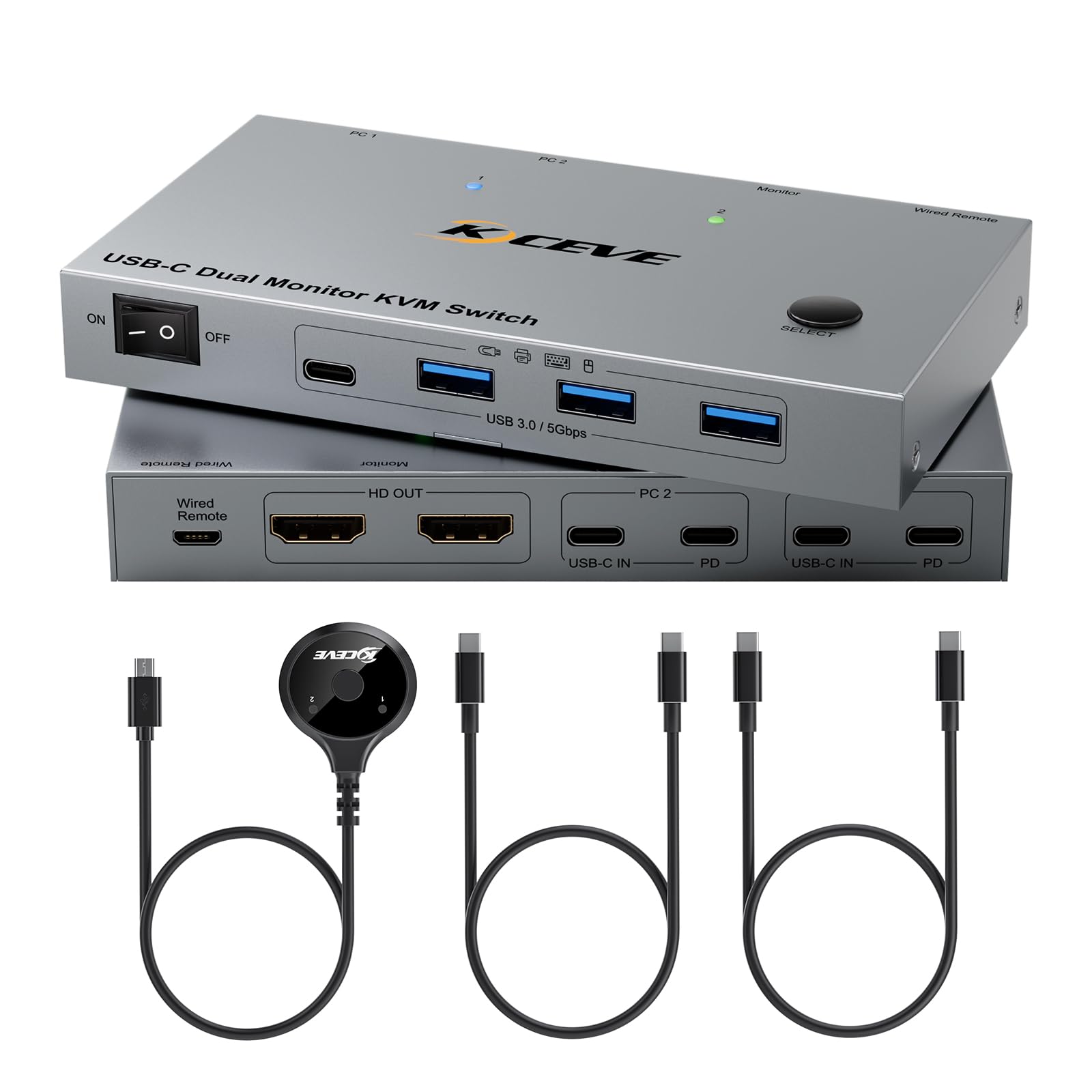 KVM Switch 2 PC 2 Monitores USB C HDMI, USB 3.0 KVM Switch Dual Monitor HDMI 4K@60Hz para 2 Laptops, MST, 80W PD, Wired Remote(4K USB-C HD 2 in 2 out)