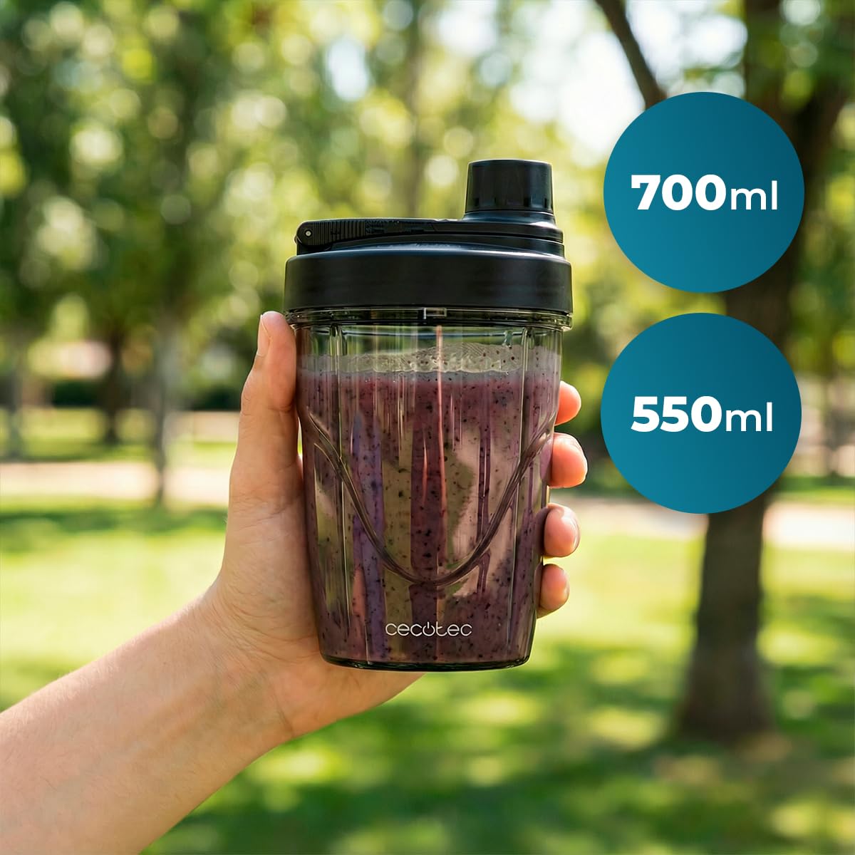Cecotec Blender Individual PowerTitanium 1000 Push2Go Duo. 1000W, Lame Acier Inox 6 Couteaux, Écran LED, 2 Verres 550ml et 700ml, Sans BPA, Textures Douces et Crémeuses