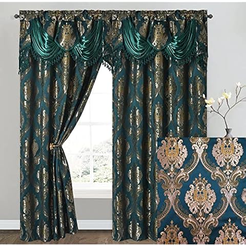 GOHD Luxe Love. Jacquard Window Curtain Panel Drape with Attached Fancy Valance. 2pcs Set. (Hunter Green, 54" Wide x 96" Drop with 18" Valance x 2pcs) Cover
