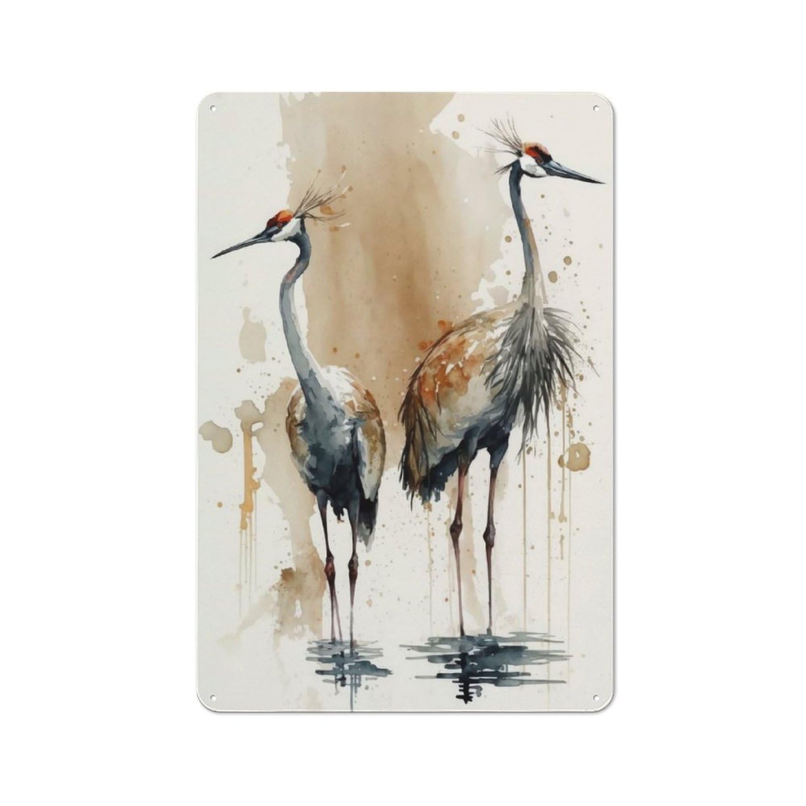 Rustic Tin Wall Sign 30x20cm Featuring Cranes Watercolor Animal, Bistro Wall Plaque for Restaurant, Kitchen, Counter Or Breakfast Nook