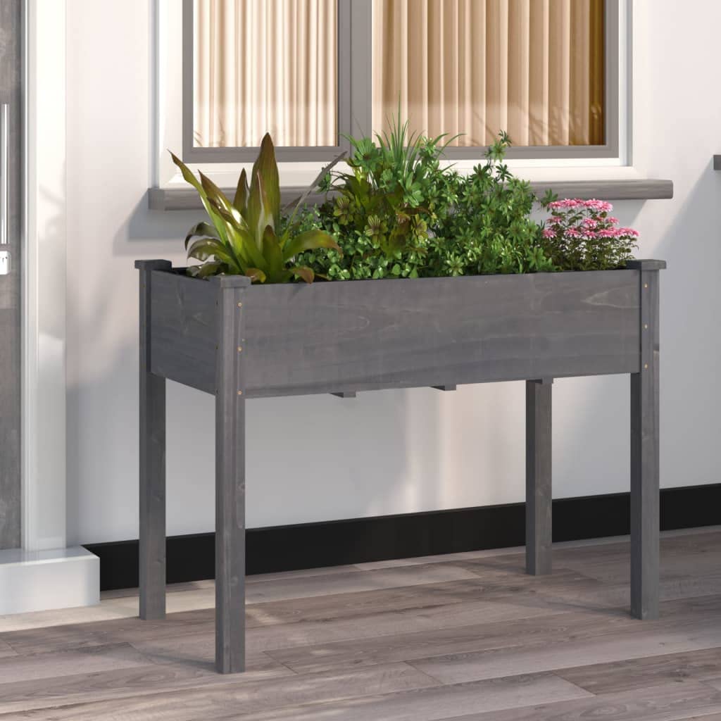 Macetero gris 118 x 59 x 76 cm, madera maciza de abeto, con inserto, bancal elevado para jardín, terraza y balcón, jardinera exterior