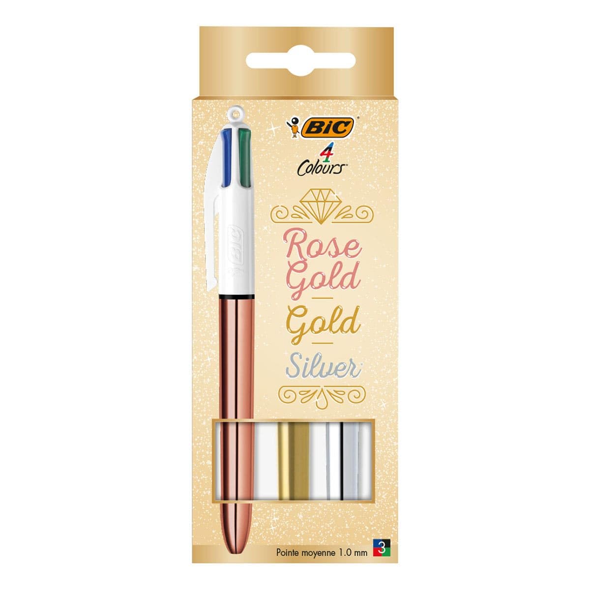 BIC Lot de 3 stylos à bille Pick Gold et Silver 4 couleurs