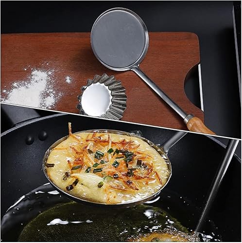 Miniatura 5 de Cuchara redonda plana para freír molde redondo de acero inoxidable con mango de madera y roseta, tamaño L