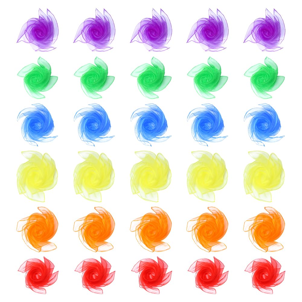 PLLYPE Lot de 30 serviettes de jonglage, en mousseline de soie colorées, pour la danse, la jonglerie, les activités de spectacle d'enfants (6 couleurs, 60 x 60 cm)