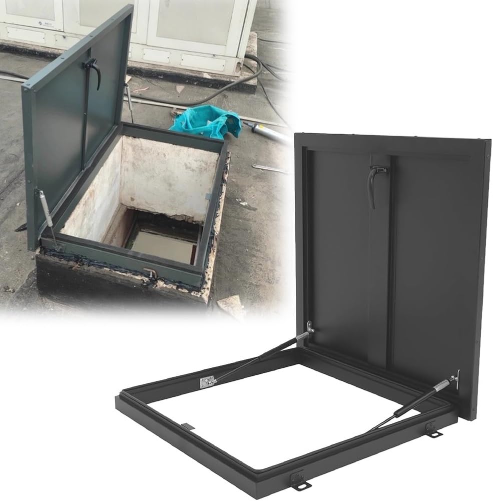 Rygcrud Gray Square Roof Hatch Cover With Gas Shock Strut, Cellar Stairs Outlet Lid & Galvanized Steel Roof Accesses, Attic Skylight Security Door For Home(65X75cm)