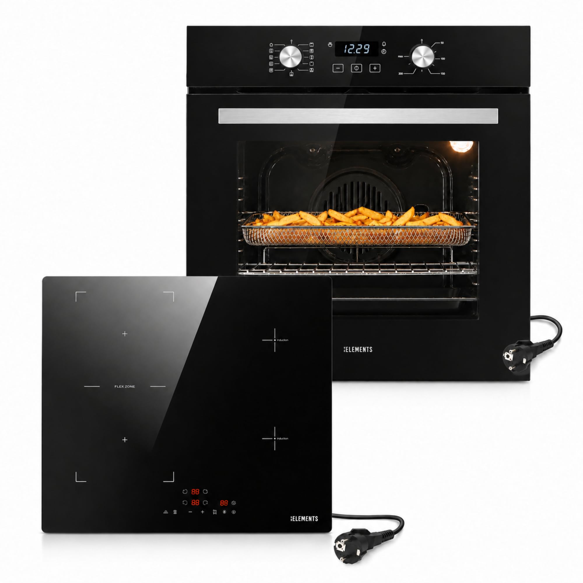 Autarkes Herdset 60 cm – Einbaubackofen mit Air Fry & Steam Clean, Induktionskochfeld 59 cm mit Flexzone, Schuko-Stecker, Timer, Kindersicherung, 9 Leistungsstufen, A+ Energieklasse
