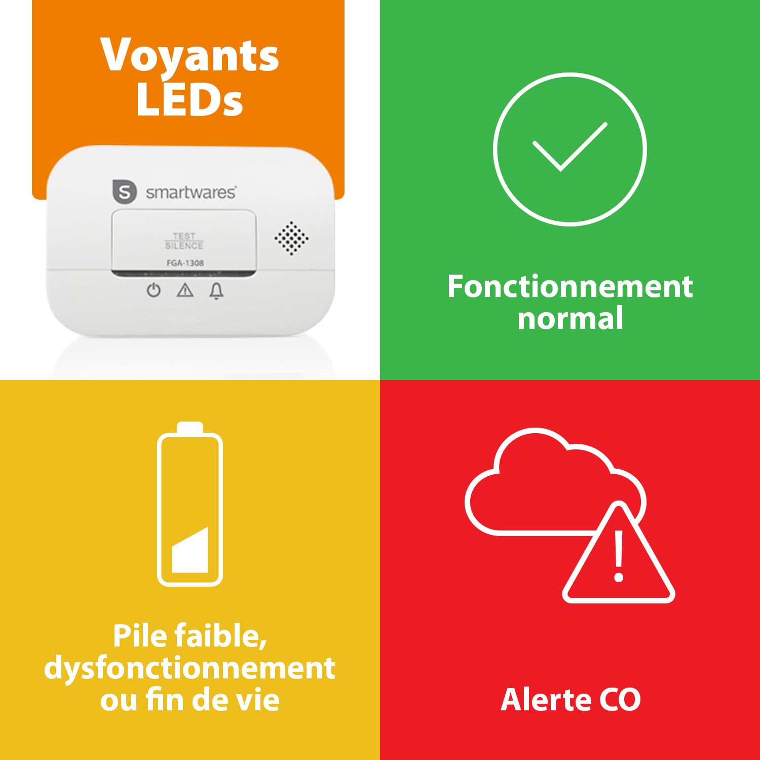 Smartwares Détecteur de monoxyde de Carbone - Certifié NF - Capteur 10 Ans - Piles 3 Ans - avec voyants Lumineux et Bouton de Test - FGA-13081FR