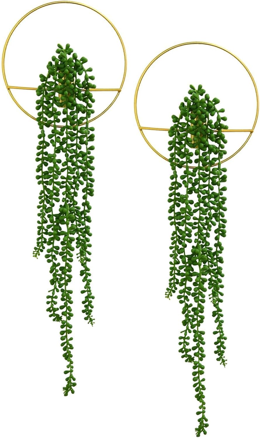GREENTIME 2 Pack Hanging Planters Faux Eucalyptus with Gold Round Modern Geometric Metal Hanging Vase for Graduation Decorations Teacher Appreciation Living Room Bedroom Boho Kitchen Wall Decor Shelf