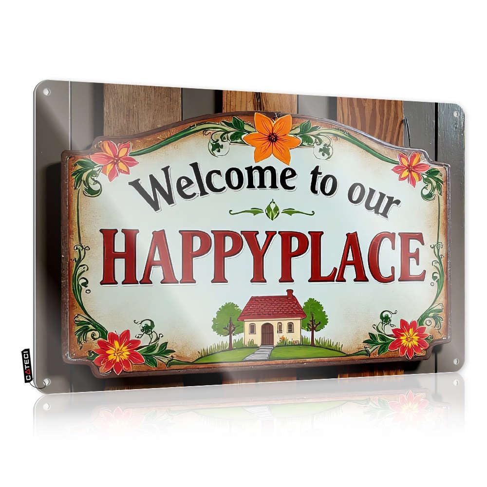 Decoration Retro Tin Home Decor - Welcome To Our Happyplace. Gift For Gardener Rustic Style Artwork For Entryway(30X40CM)