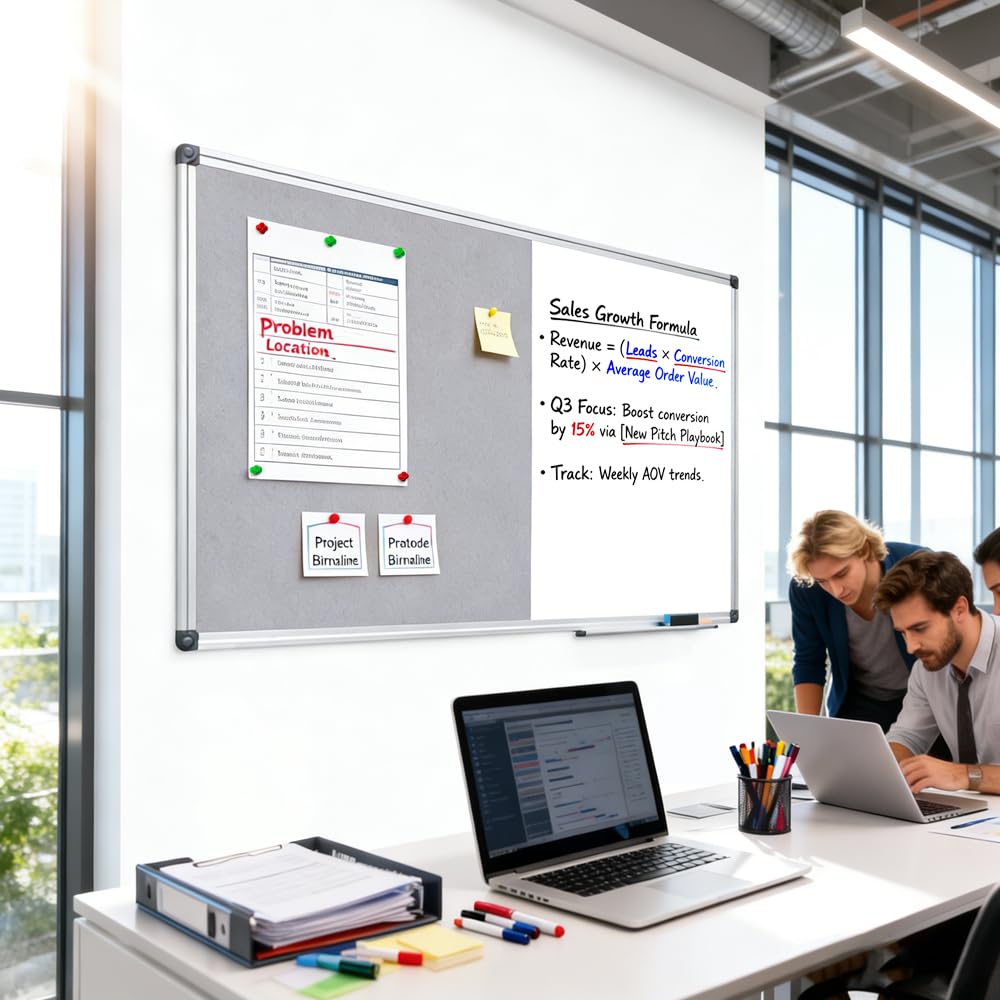 XIWODE Whiteboard Magnetisch & Pinnwand Filz - 2in1 Kombitafel: Magnettafel 90x60, Weiße Abwischbare Magnetwand, Graue Filzwand inkl. Zubehör zum Aufhängen an der Wand für Zuhause, Büro, Schule