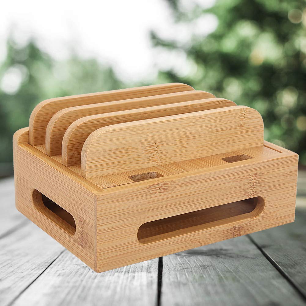 Supporto in legno di bambù, supporto per supporto multi-dispositivo, stazione di ricarica da tavolo Organizzatore di cavi per apparecchiature elettroniche adatto per telefono cellulare, tablet, orolog