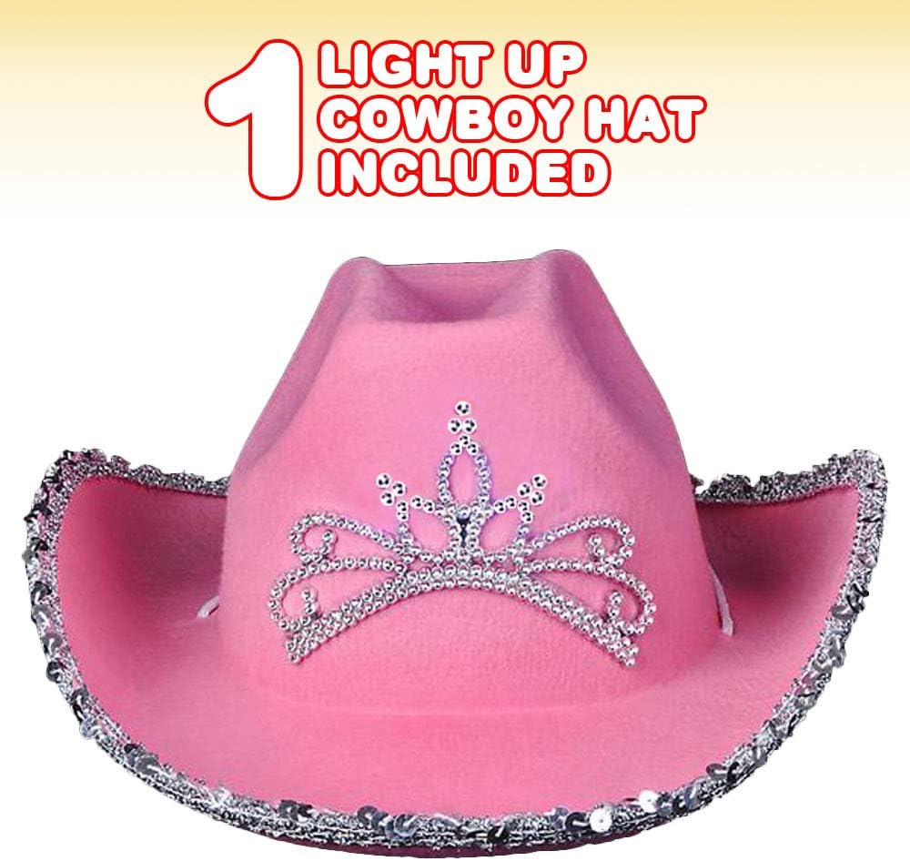 ArtCreativity Light-Up Pink Cowboy Hat for Girls - Sparkly Cowgirl Hat with Sequins and a Dazzling LED Tiara - Cute Cowgirl Birthday Party Hat for Girls - Fun Shiny Cowgirl Costume Accessory : Clothing, Shoes & Jewelry
