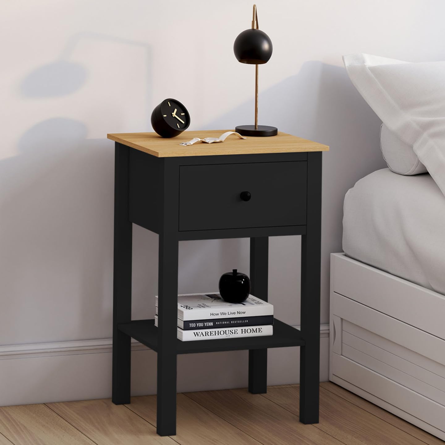 IDMarket - Lot de 2 Tables de Chevet Achille Noir et Plateau Bois