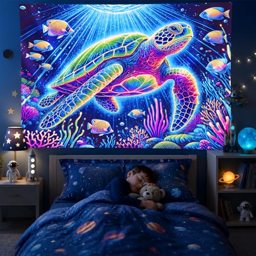 Image of BlissYard Blacklight Tapestry 78x59 Inch Trippy Sea Turtle Glow in the Dark UV Reactive Ocean Underwater Wall Hanging Neon Psychedelic Tapestry for Bedroom Dorm Room Decor Aesthetic Nautical Art