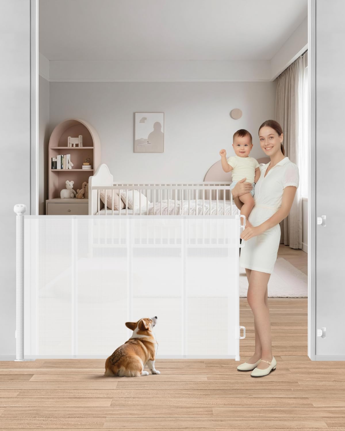 55" Retractable Baby Gates, 34" Tall Mesh Baby Gate with 4 Reinforced Rods, Prevents Kids & Dogs from Crawling Under, Retractable Dog Gate for Doorways, Hallways, Indoor/Outdoor, White