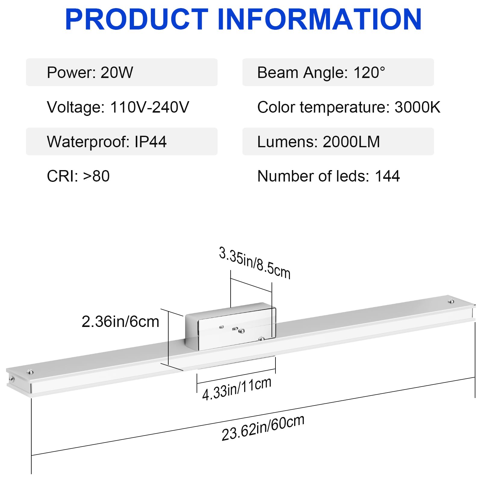 Klighten Luz Espejo Baño LED 60cm 20W, 2000LM Lámparas para el Espejo del Cuarto de Baño, Apliques Espejo de Baño Moderno, 110-240V, 3000K Blanco Cálido, Cromo