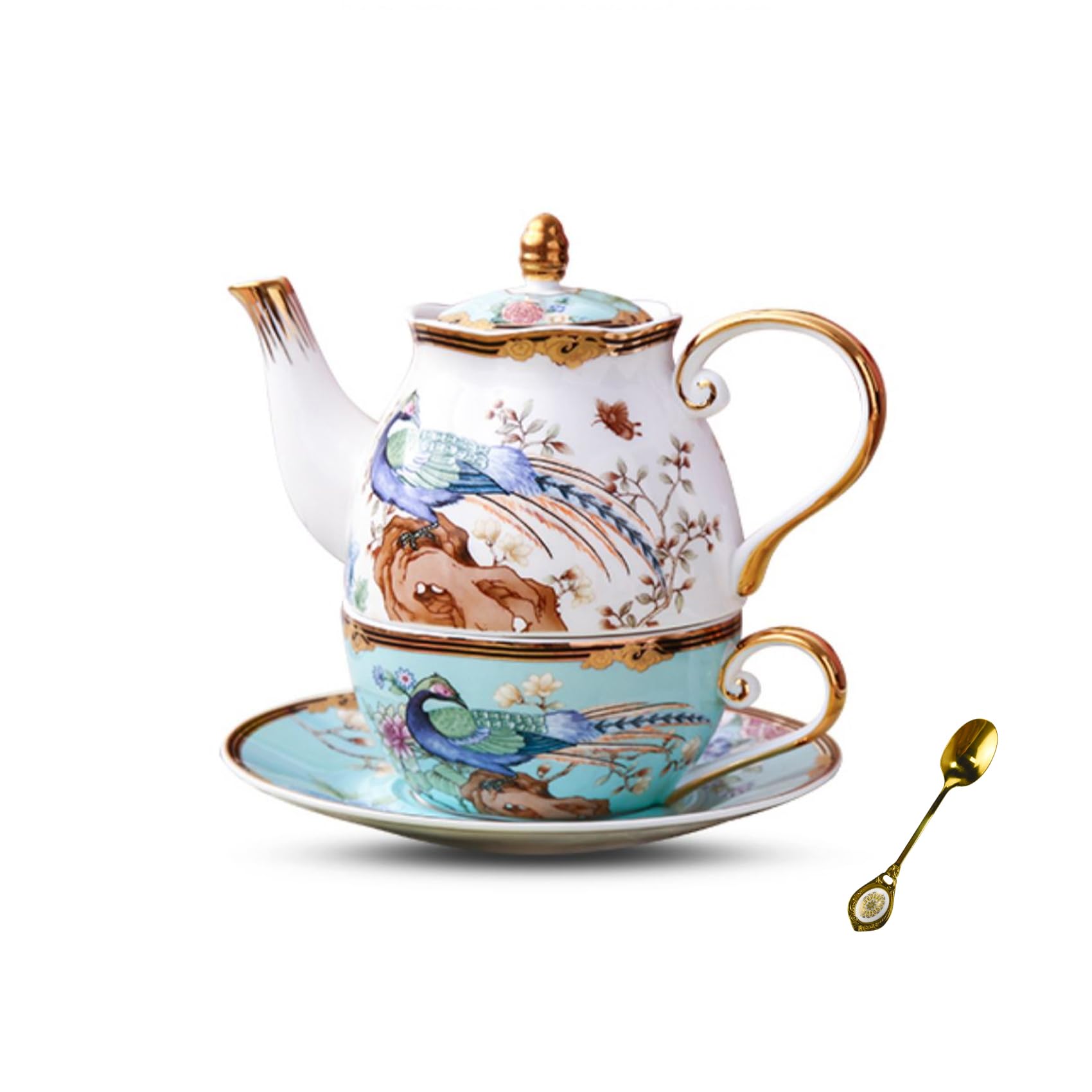 ACMLIFE Tea Set For One Bone China Tea For One Set Teapot And Cup Set, Vintage Floral Teapot With Tea Cup Set 12 Oz Bone China Teapot For One Set Blue And White Tea Set Gifts For Women (Blue)