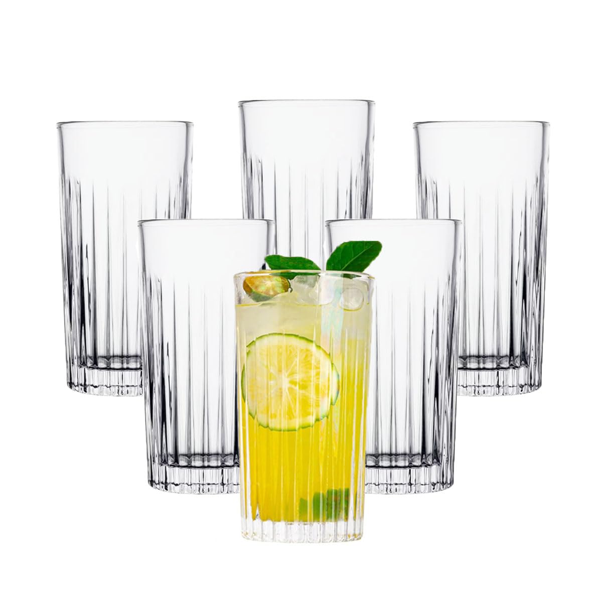 Gerippte Collins-Gläser, 420 ml, vertikal, gestreift, dickes Glas, stapelbar, transparent, für Eiskaffee, Cocktails, Saft, Wasser, 6 Stück
