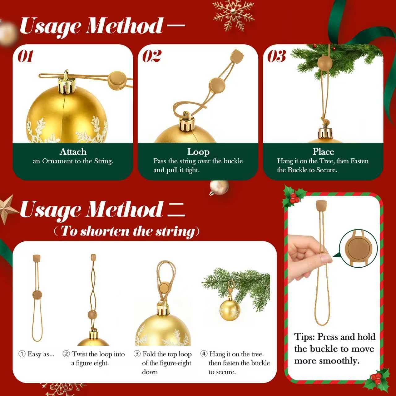 24 PCS Adjustable Christmas Ornament Hooks, Hoevaton Non-Slip Hanger Hooks for Hanging Small & Large Heavy Ornaments, Xmas Ornament Hanging Hooks for Holiday Tree Decorations (Gold, 24 Count)