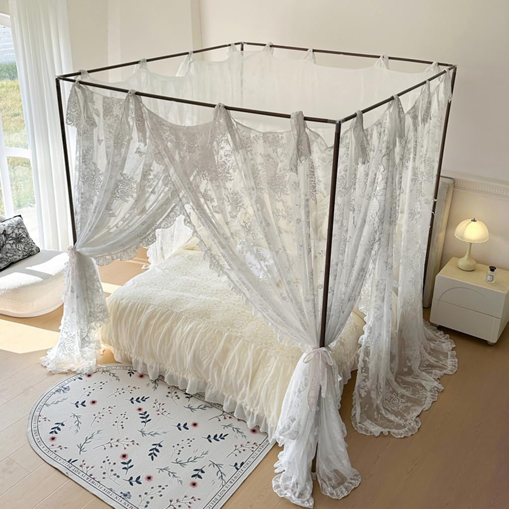 Elegant Lace Princess 4-Poster Bed Canopy Romantic Mosquito Net for Wedding Bridal Bedroom Decor, Kids Room Bed Curtain with Top Cover for Women Adults (White-1, 59" W x 78" L)