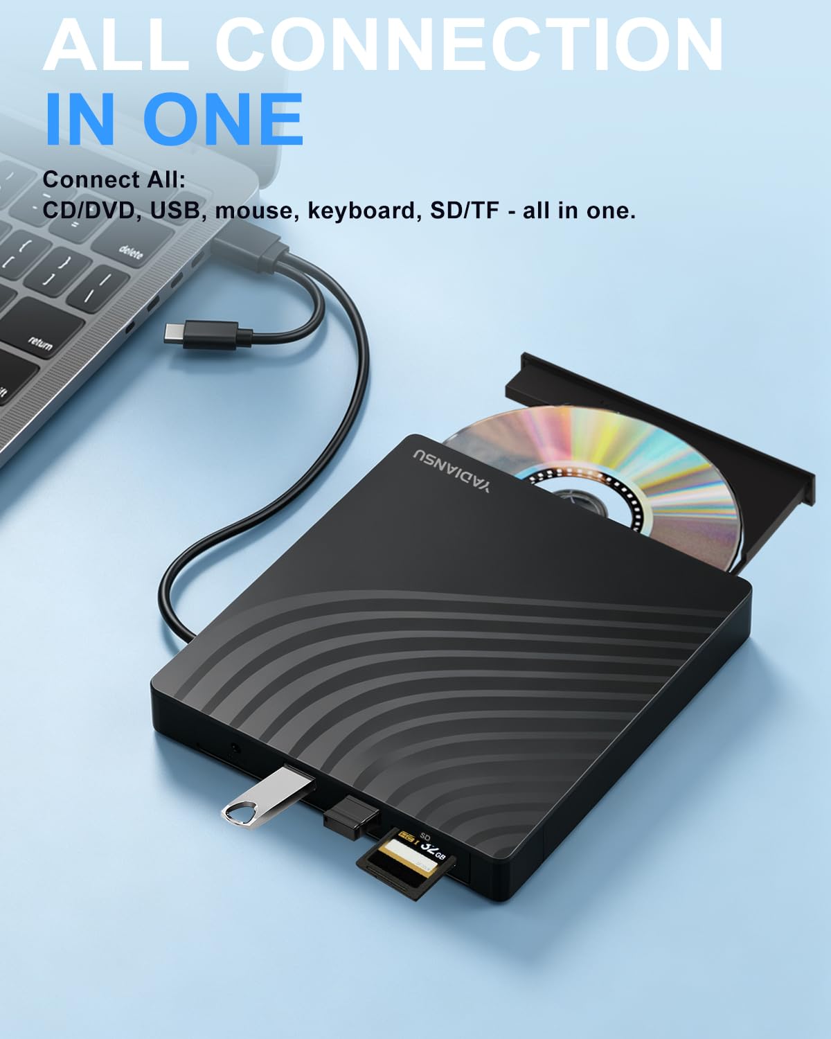 Unità CD DVD esterna, masterizzatore CD/DVD 6 in 1 USB 3.0 con 2 porte USB e 2 porte TF/SD, lettore DVD CD +/-RW, registratore masterizzatore per laptop, desktop, Mac, Windows 11/10/8/7, Linux