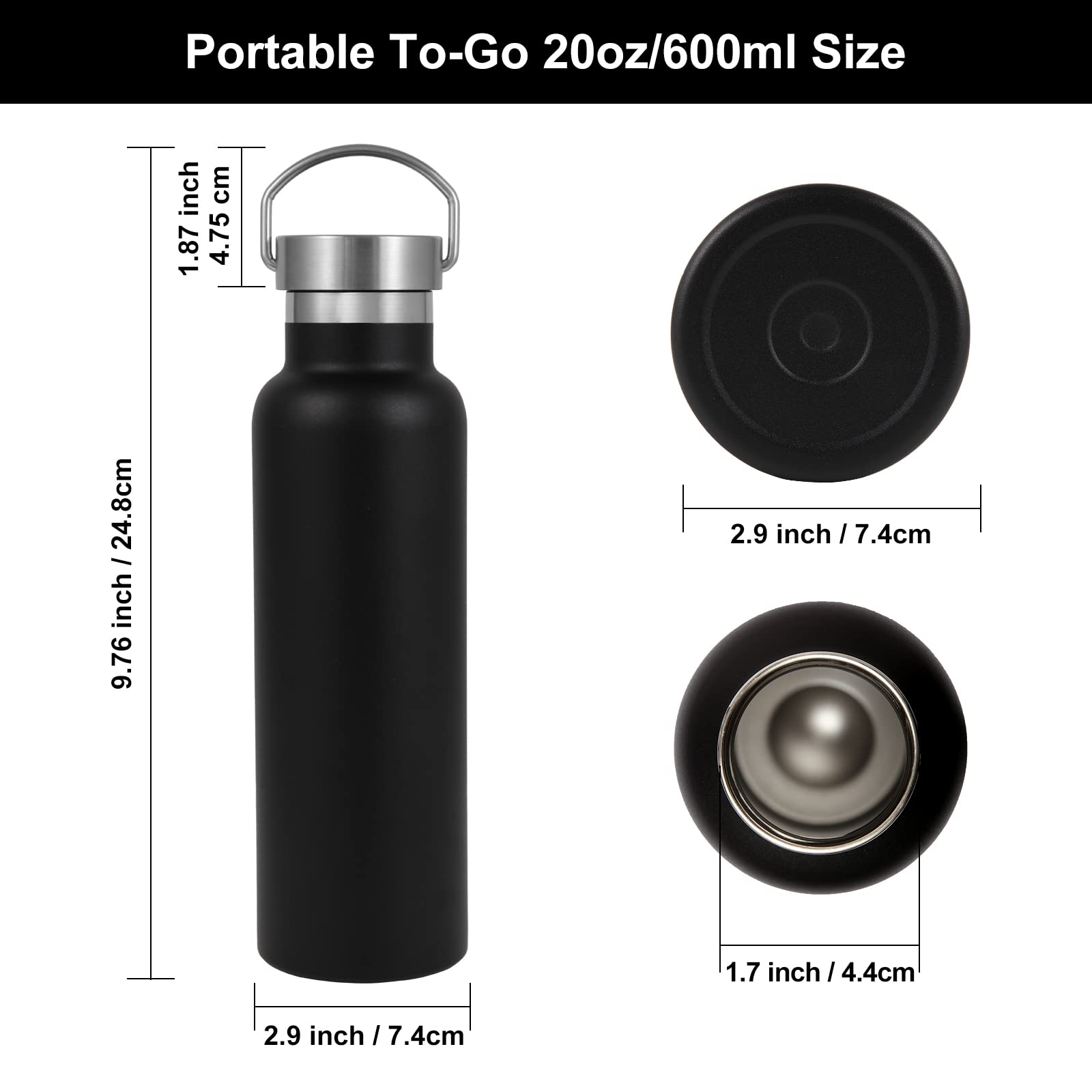 Volhoply 600ml Bottiglia in Acciaio Inox con Manico 4 Confezioni, Borraccia Termica Isolata Senza BPA, Bottle a Doppia Parete, Bottiglie Sportive per Bambini,Scuola,Lavoro(Nero, 4 set)