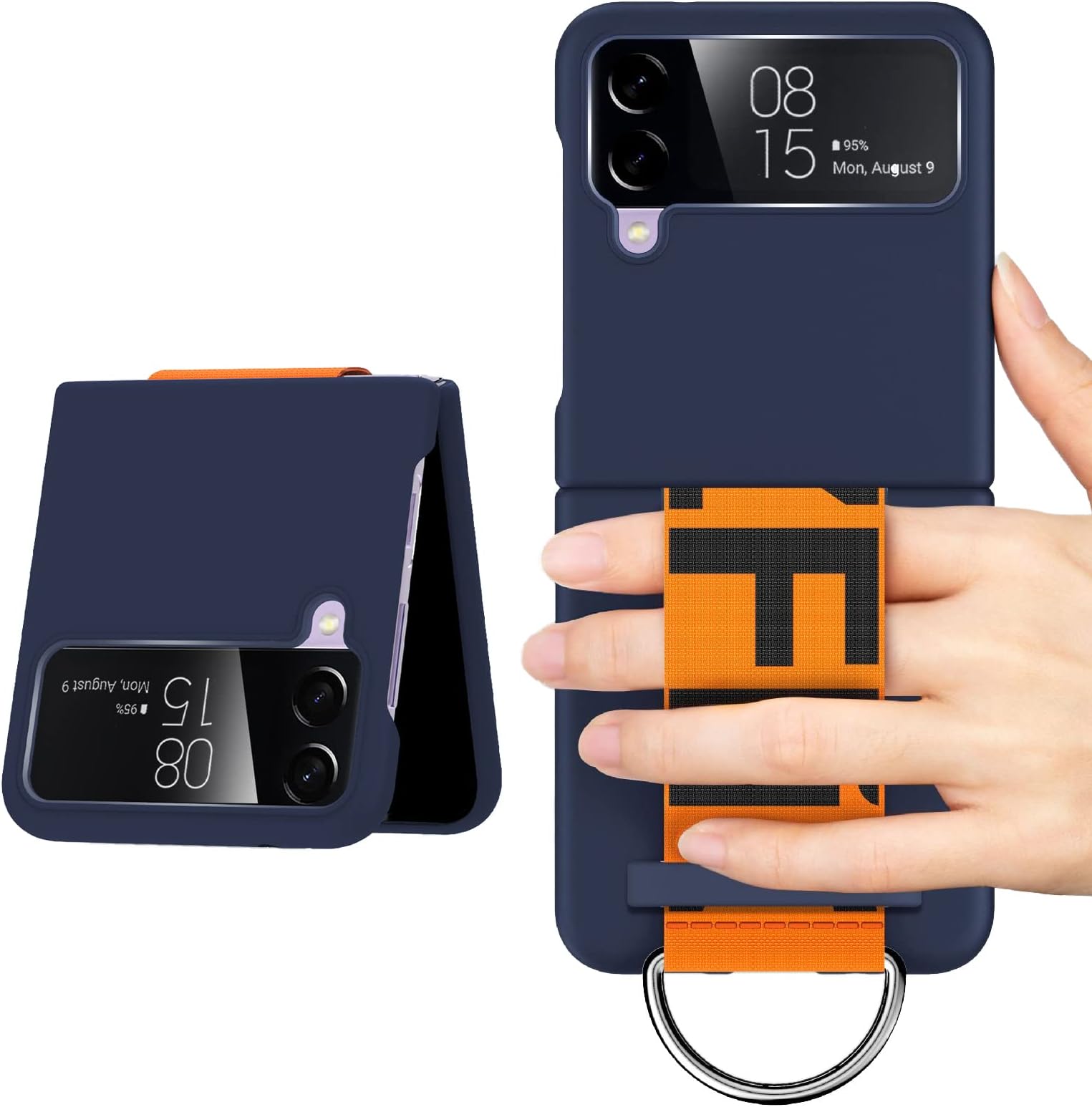 Armband Ultra Thin Case for Samsung Galaxy Z Flip 4, Case with Strap PU Leather Hinged Case for Flip 4 5G, Foldable PC Galaxy Z Flip 4 Cell Phone Case - Navy Blue with Strap