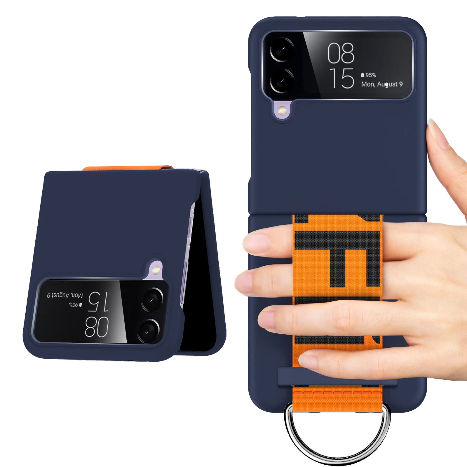 Armband Ultra Thin Case for Samsung Galaxy Z Flip 4, Case with Strap PU Leather Hinged Case for Flip 4 5G, Foldable PC Galaxy Z Flip 4 Cell Phone Case - Navy Blue with Strap