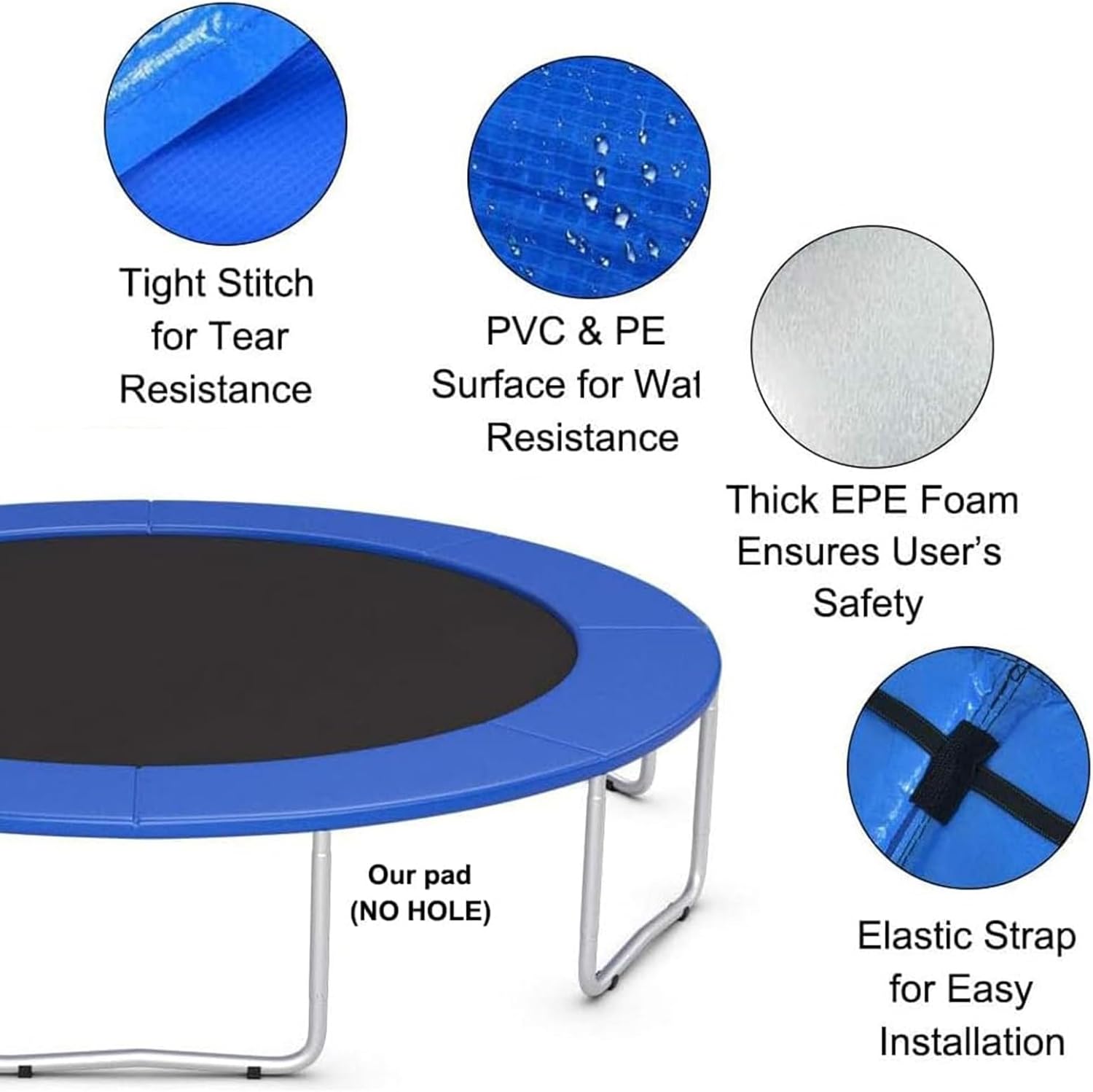 Trampoline Pad, Trampoline Spring Cover for 6ft 8ft 10ft 12ft 13ft 14ft 15ft 16ft, No Hole for Pole, Water-Resistant, Blue