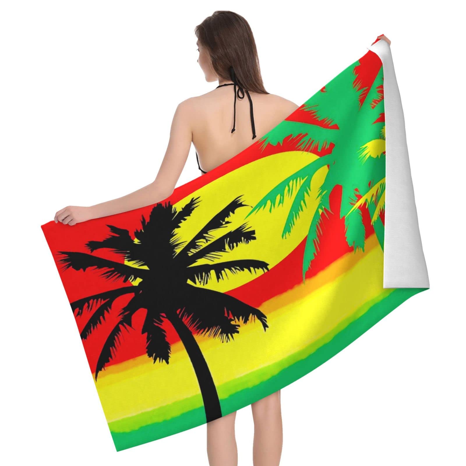 Lawenp Reggae Island Sunset Plam Tree Beach Towel, Lightweight Sand Free Quick Dry Microfiber Absorbent Bath Towel for Kids, Adults, Swimming, Bath, Yoga, Pool, Travel, Camping 32"X52"