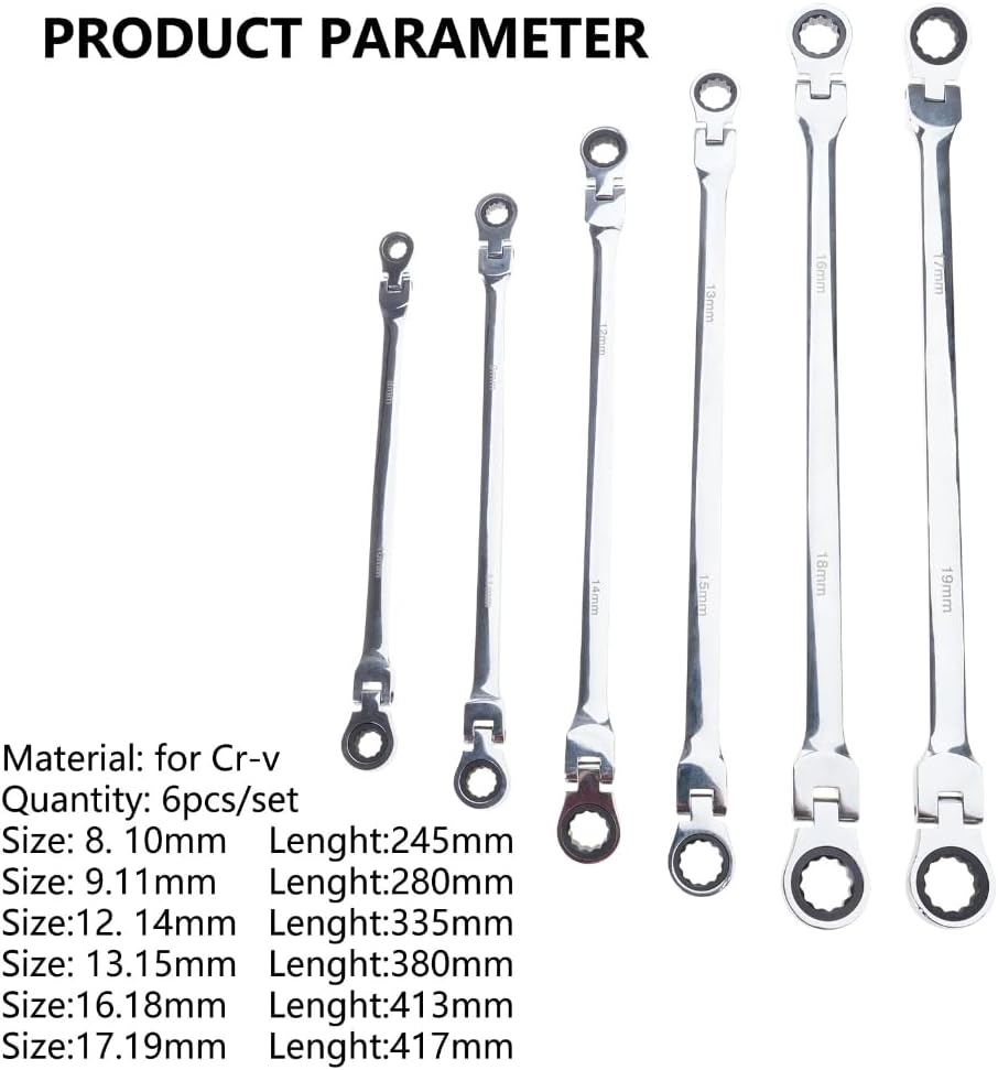 Double Box End Ratcheting Wrench Set Metric 6 Pcs 8-19mm Chrome Vanadium Steel