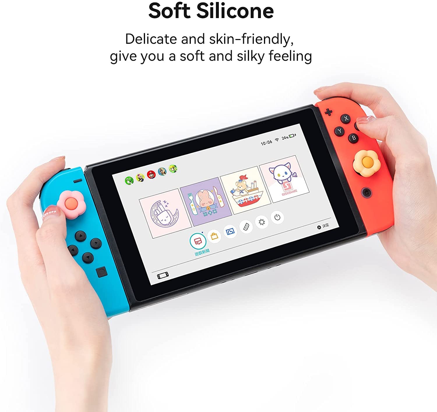 GeekShare Silikon Joystick Kappen für Switch/Switch OLED/Switch Lite, Joystick Schutzzubehör, Thumbstick Grip, rutschfeste, Komfortablem (4 Stück) (Herz-Blümchen (Rosa-Gelb)) - 3