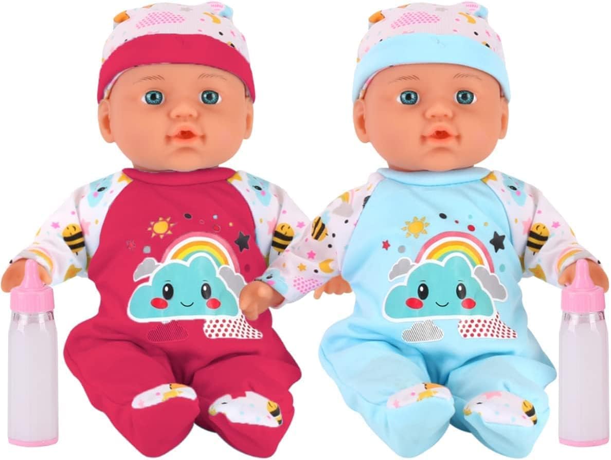 2 Pack Twin Baby Dolls Playset - 12" Realistic Soft Body Talking Newborn Boy & Girl Toy Dolls with Magic Milk Bottles Accessories for Kids Imaginative Pretend Play Nursing