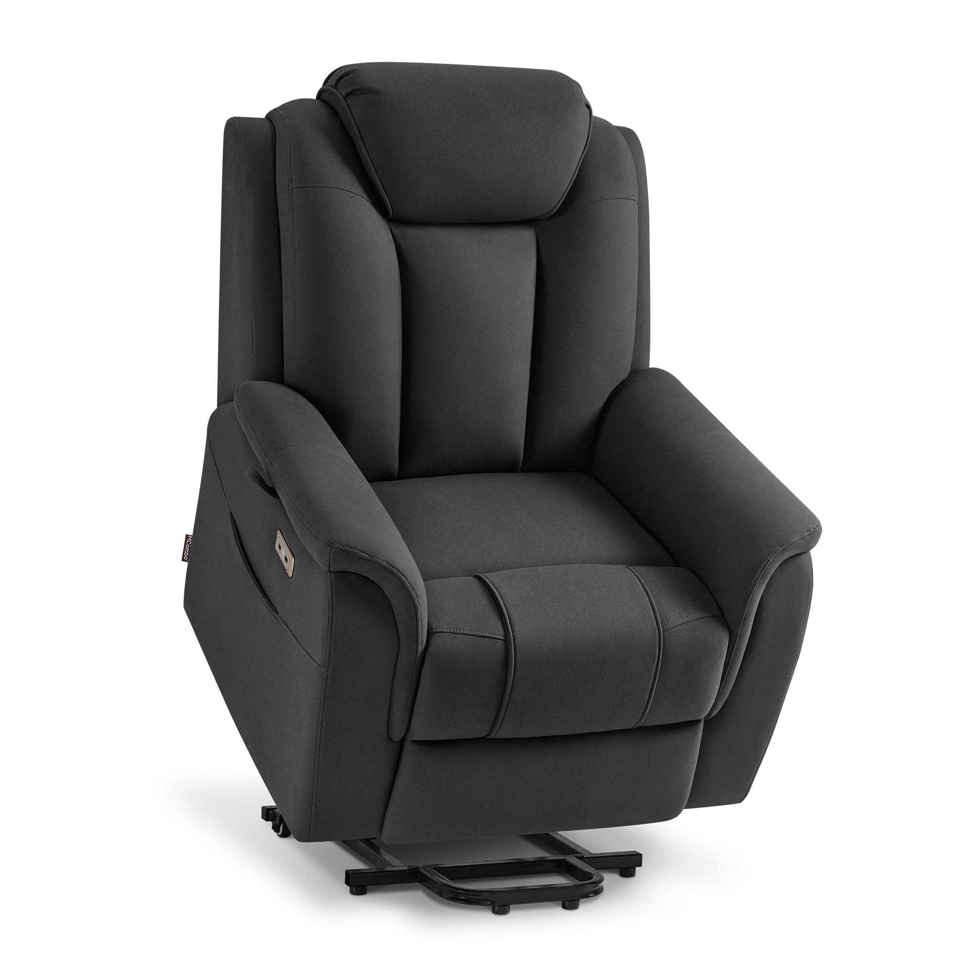 MCombo M poltrona da tv con assistenza elettrica per alzarsi, 2 ruote per mobilità, massaggio e riscaldamento, poggiatesta regolabile, cuscino in schiuma 35D 7269 (Grigio scuro-Microfibra)