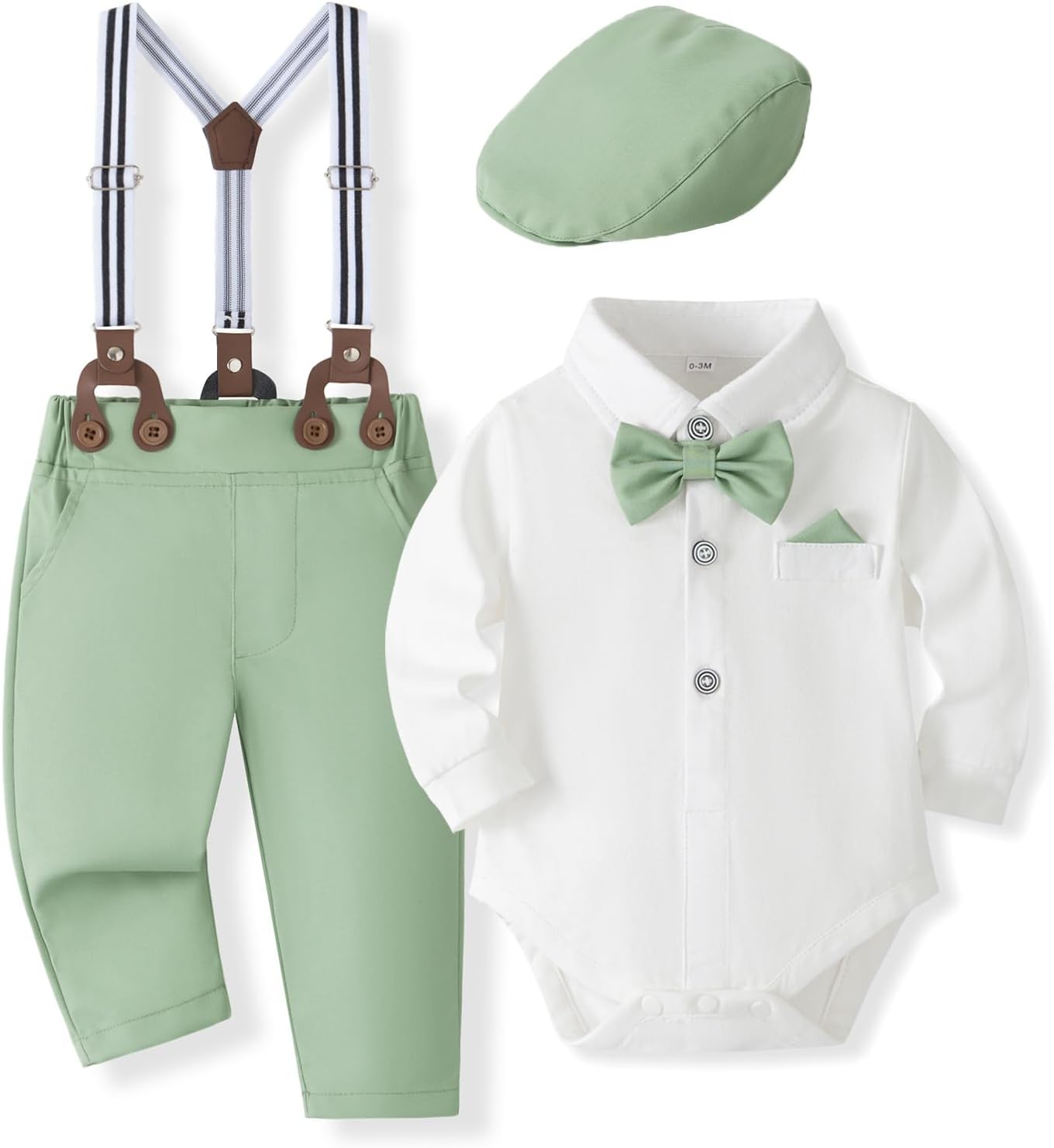 SALNIER Baby Boy Dress Suit Clothes Sets Infant Tuxedo Gentleman Suits Outfits Bowtie Shirt Suspenders Pants Beret Hat