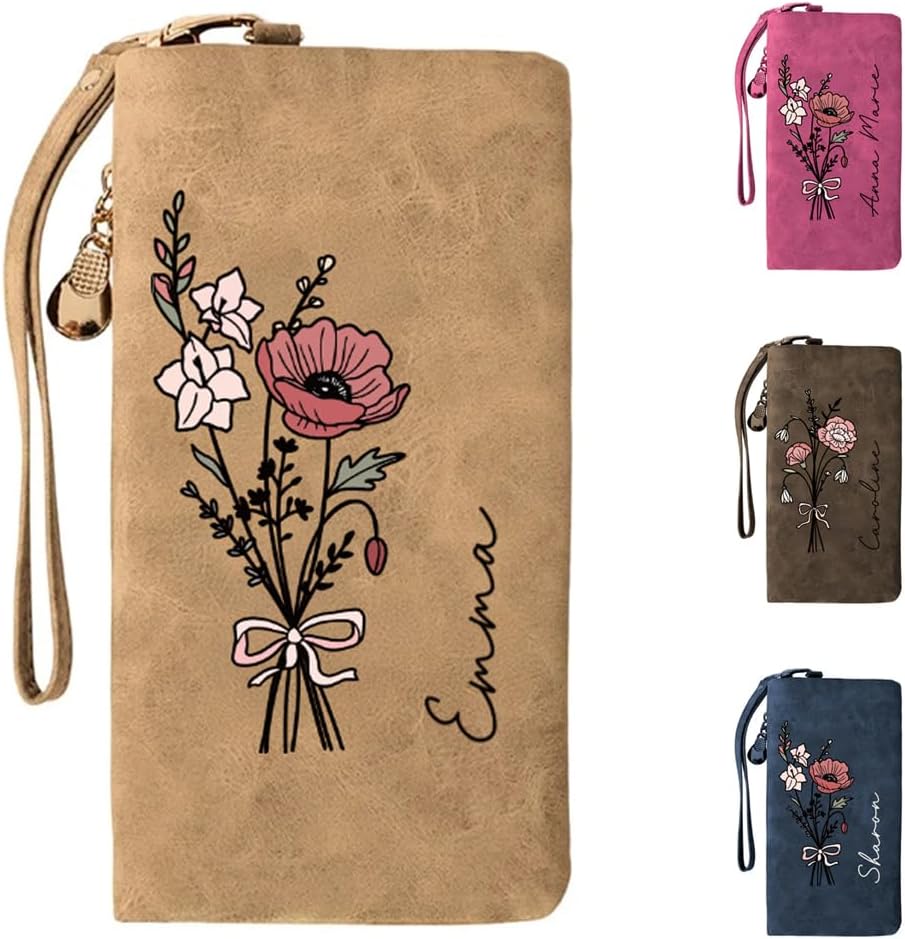 CALLIE Personalized Wristlet Wallet for Women | Custom Name PU Leather Card Holder Wristlet | Birthday Anniversary Valentines Gift for Her (Watercolor Birth Flower)
