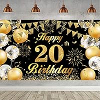 20. Geburtstag Banner Schwarz-Gold, Mnner Banner zum 20. Geburtstag, Hintergrundbanner fr 20 Jahre Party Dekoration